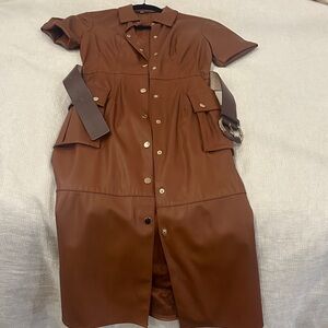 Zara Brown Button-Up Faux Leather Women's Dress